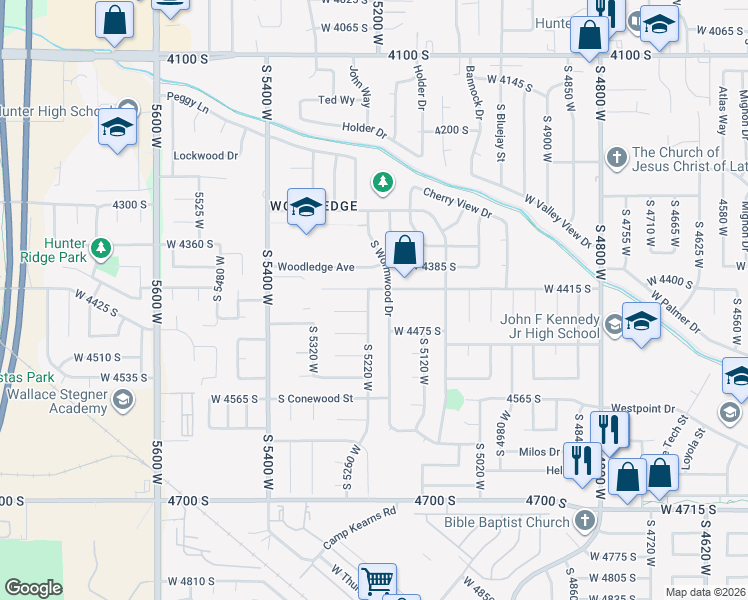 map of restaurants, bars, coffee shops, grocery stores, and more near 4433 South Woodgrove Drive in West Valley City