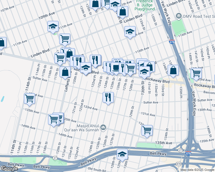 map of restaurants, bars, coffee shops, grocery stores, and more near 117-43 124th Street in Queens