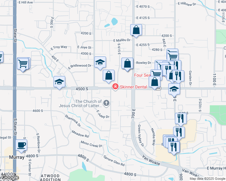 map of restaurants, bars, coffee shops, grocery stores, and more near 4511 South 600 East in Murray