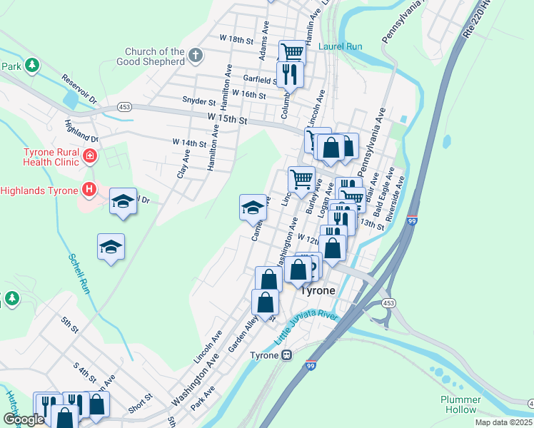 map of restaurants, bars, coffee shops, grocery stores, and more near 1208 Cameron Avenue in Tyrone