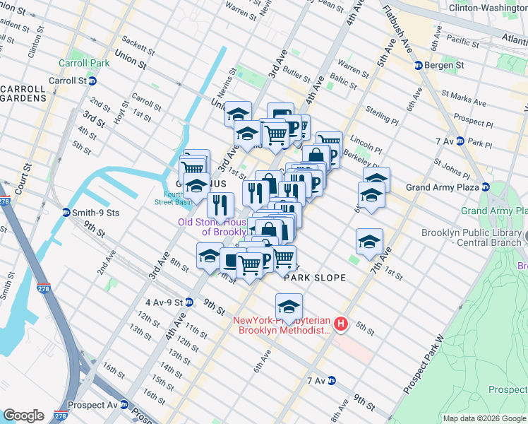 map of restaurants, bars, coffee shops, grocery stores, and more near 320 2nd Street in Brooklyn
