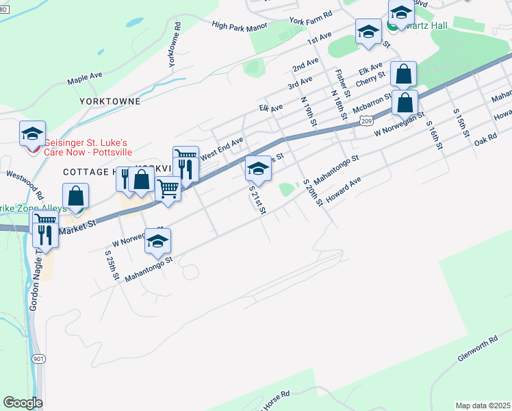 map of restaurants, bars, coffee shops, grocery stores, and more near 23 South 21st Street in Pottsville