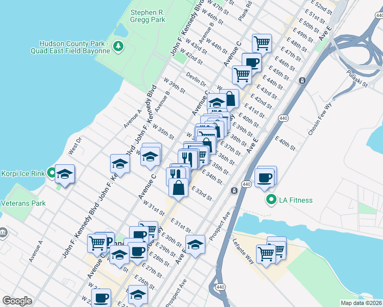 map of restaurants, bars, coffee shops, grocery stores, and more near 12 West 35th Street in Bayonne
