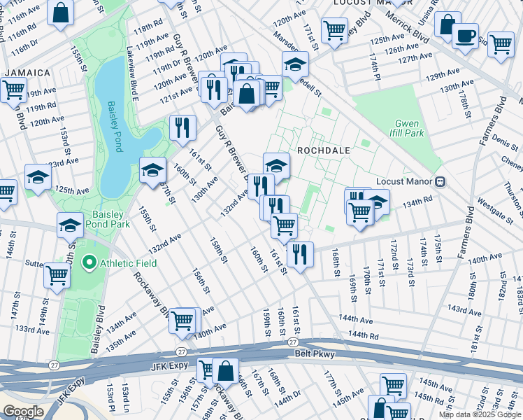 map of restaurants, bars, coffee shops, grocery stores, and more near 133-28 Guy R Brewer Boulevard in Queens