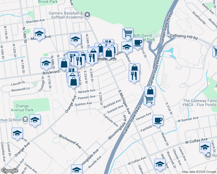map of restaurants, bars, coffee shops, grocery stores, and more near 649 Newark Avenue in Kenilworth