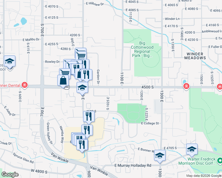 map of restaurants, bars, coffee shops, grocery stores, and more near 4510 Countrylane Road in Millcreek