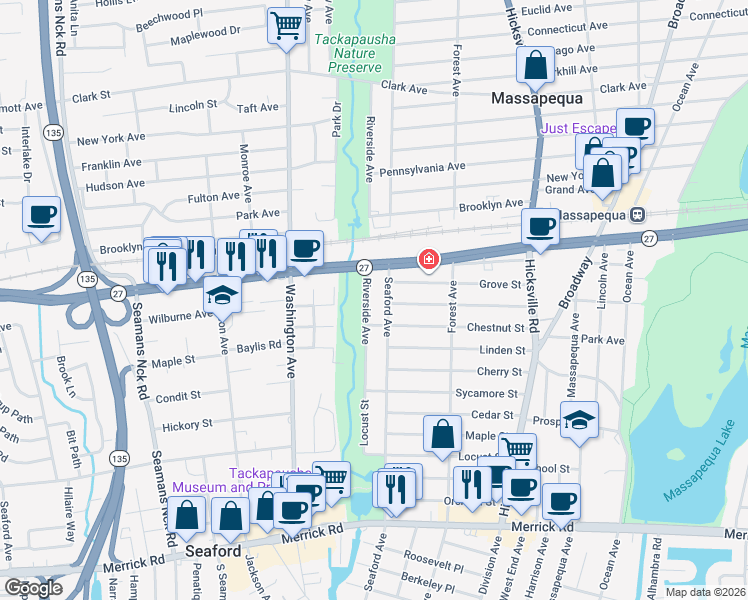 map of restaurants, bars, coffee shops, grocery stores, and more near 79 Riverside Avenue in Massapequa