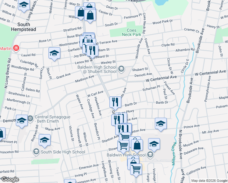 map of restaurants, bars, coffee shops, grocery stores, and more near 780 East Carl Avenue in Baldwin