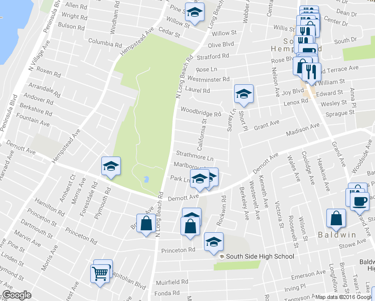 map of restaurants, bars, coffee shops, grocery stores, and more near 29 Strathmore Lane in Rockville Centre