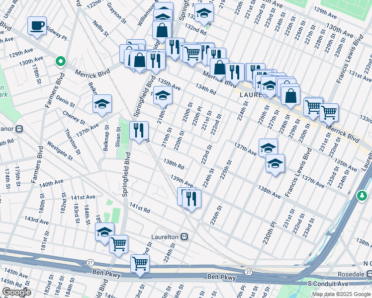 map of restaurants, bars, coffee shops, grocery stores, and more near 220-42 137th Road in Queens