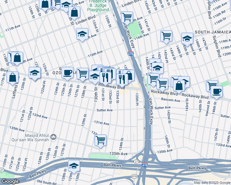 map of restaurants, bars, coffee shops, grocery stores, and more near 12023 132nd Street in Queens