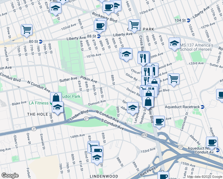 map of restaurants, bars, coffee shops, grocery stores, and more near 133-16 87th Street in Queens