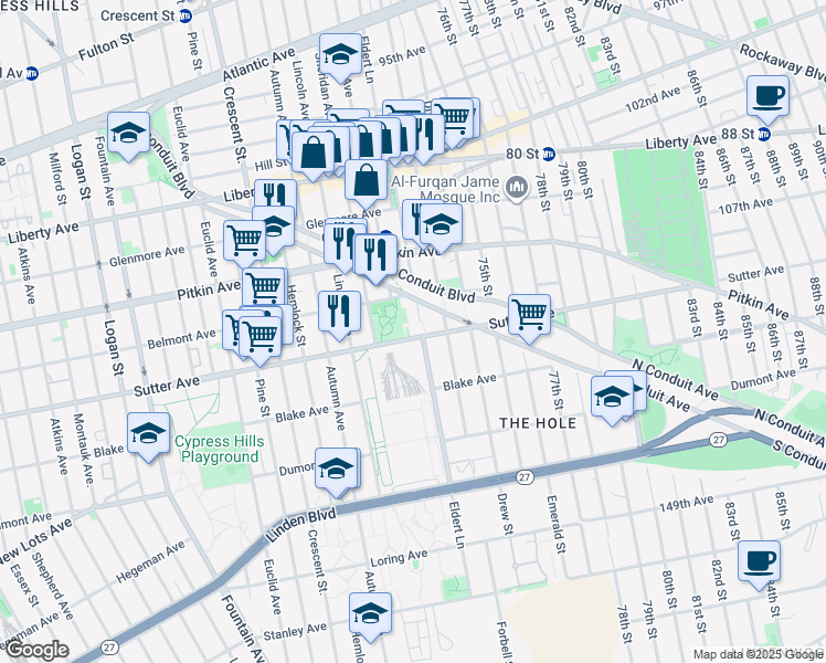 map of restaurants, bars, coffee shops, grocery stores, and more near 1441 Sutter Avenue in Brooklyn