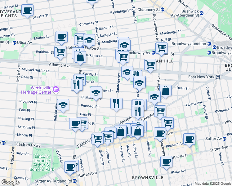 map of restaurants, bars, coffee shops, grocery stores, and more near 1938 Bergen Street in Brooklyn