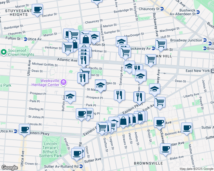 map of restaurants, bars, coffee shops, grocery stores, and more near 1894 Bergen Street in Brooklyn