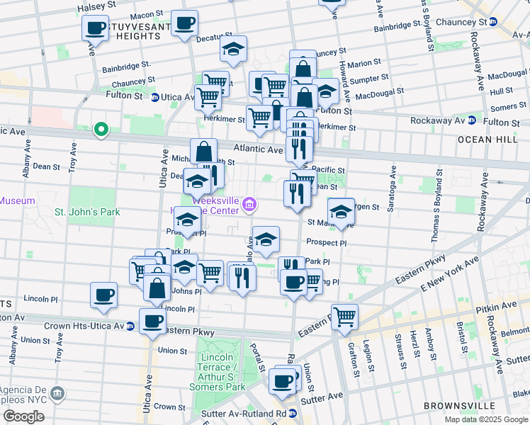 map of restaurants, bars, coffee shops, grocery stores, and more near 153 Buffalo Avenue in Brooklyn