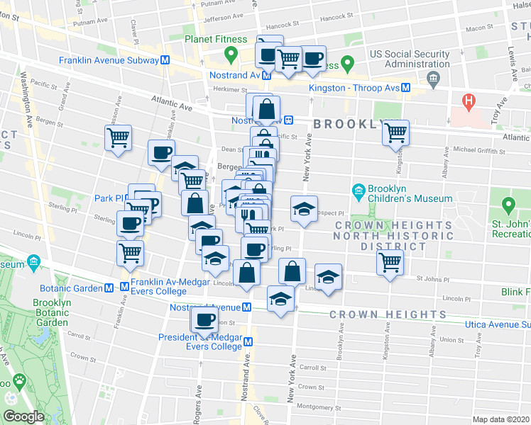 map of restaurants, bars, coffee shops, grocery stores, and more near 704 Nostrand Avenue in Brooklyn