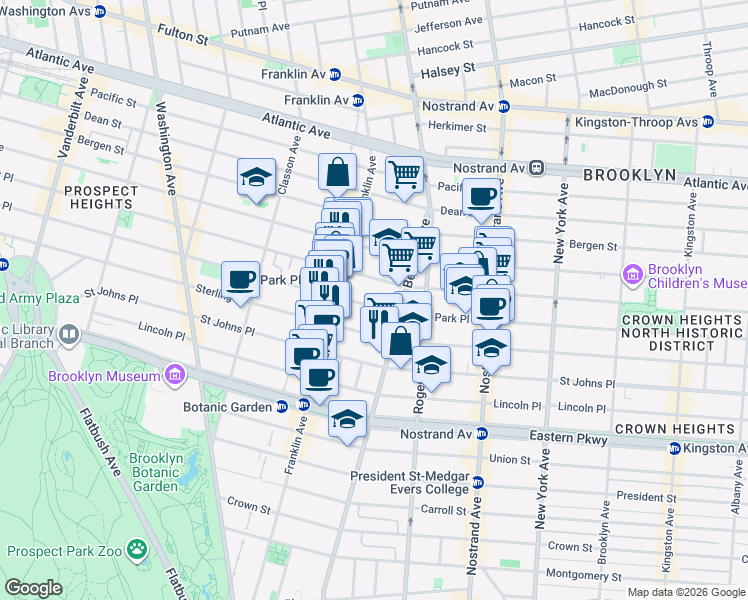 map of restaurants, bars, coffee shops, grocery stores, and more near 701 Park Place in Brooklyn