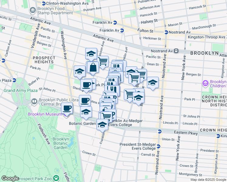 map of restaurants, bars, coffee shops, grocery stores, and more near 626 Park Place in Brooklyn