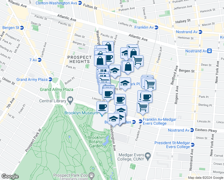 map of restaurants, bars, coffee shops, grocery stores, and more near 494 Sterling Place in Brooklyn