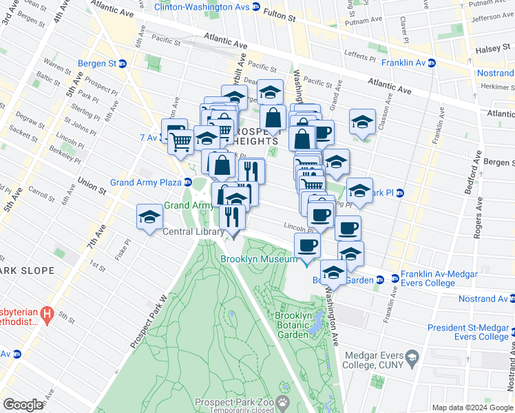 map of restaurants, bars, coffee shops, grocery stores, and more near 340 Saint Johns Place in Brooklyn