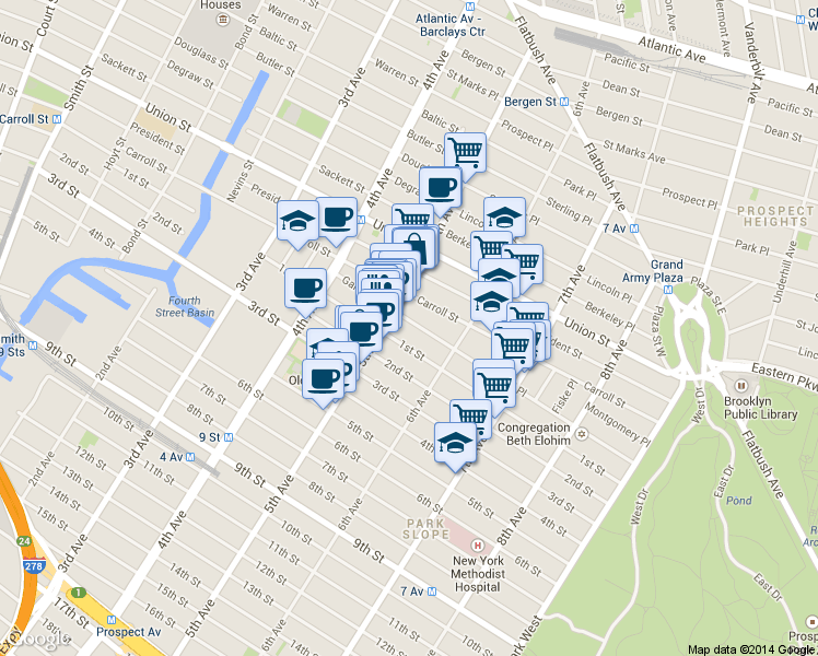map of restaurants, bars, coffee shops, grocery stores, and more near 325 1st Street in Brooklyn