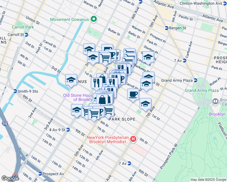 map of restaurants, bars, coffee shops, grocery stores, and more near 296 1st Street in Brooklyn