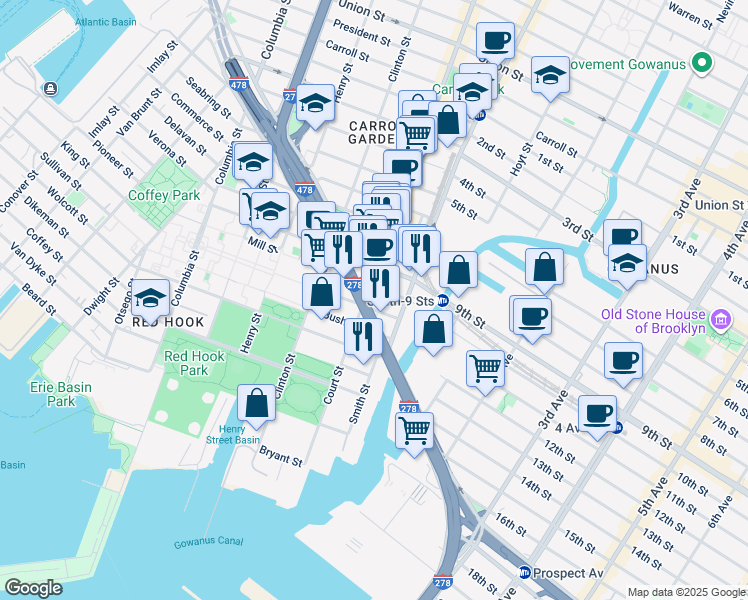 map of restaurants, bars, coffee shops, grocery stores, and more near 529 Court Street in Brooklyn