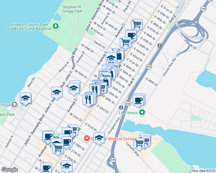 map of restaurants, bars, coffee shops, grocery stores, and more near 12 East 36th Street in Bayonne