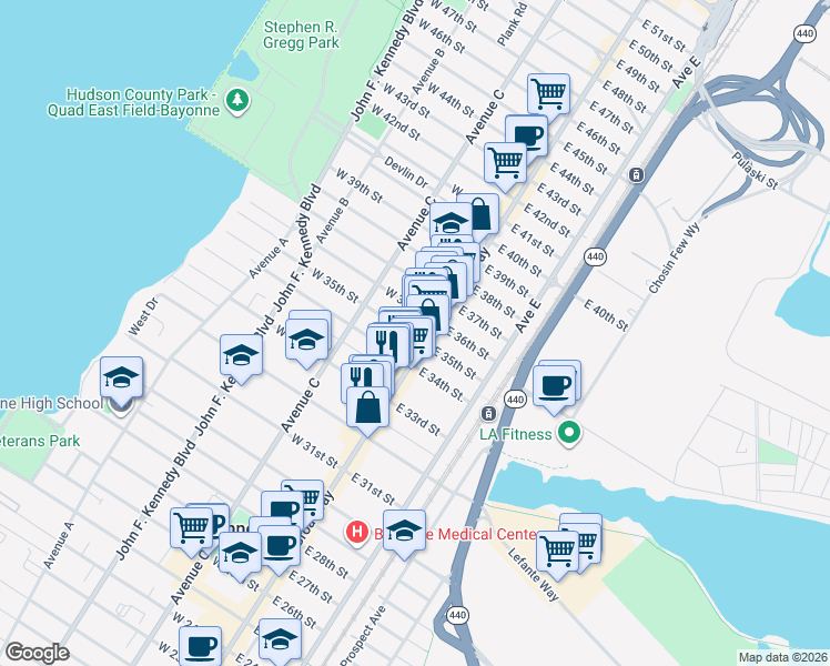 map of restaurants, bars, coffee shops, grocery stores, and more near 12 West 35th Street in Bayonne