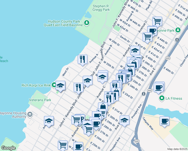 map of restaurants, bars, coffee shops, grocery stores, and more near 833 John F. Kennedy Boulevard in Bayonne