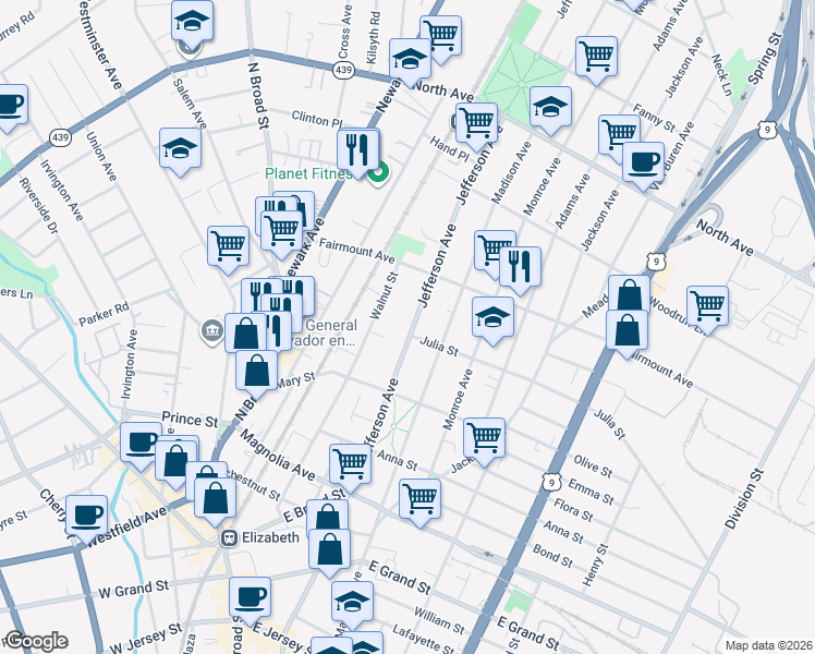 map of restaurants, bars, coffee shops, grocery stores, and more near 552 Jefferson Avenue in Elizabeth