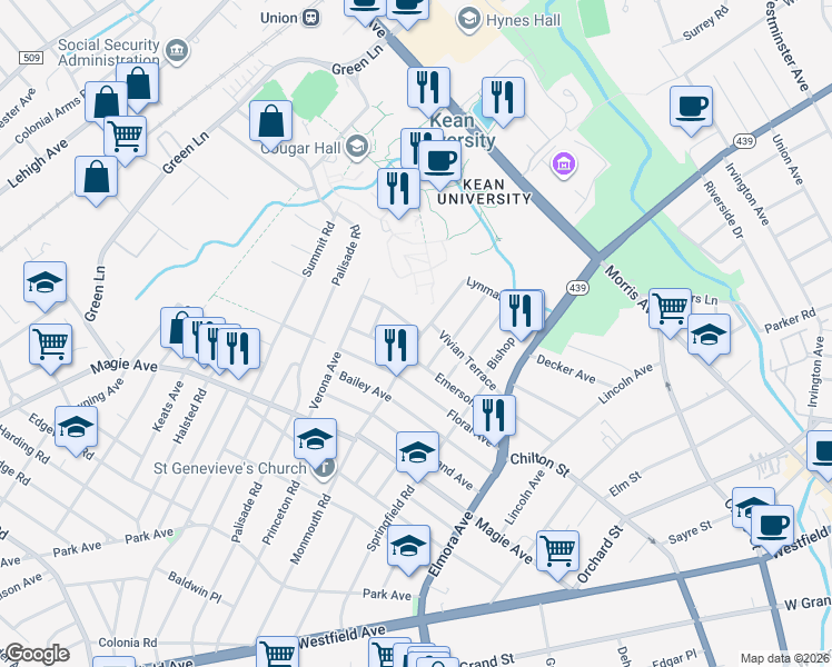 map of restaurants, bars, coffee shops, grocery stores, and more near 809 Emerson Avenue in Elizabeth