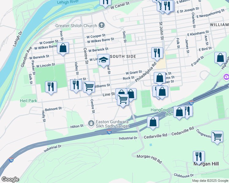map of restaurants, bars, coffee shops, grocery stores, and more near 501 Line Street in Easton
