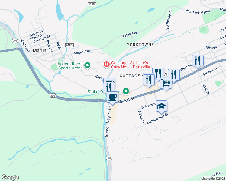 map of restaurants, bars, coffee shops, grocery stores, and more near 10 Westwood Road in Pottsville