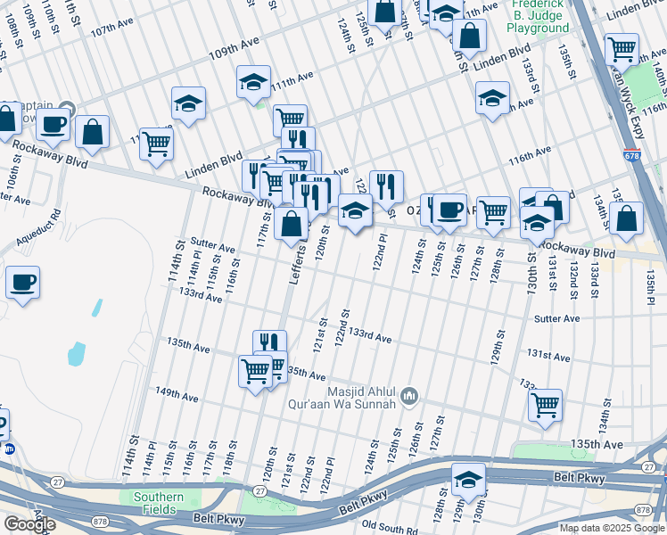 map of restaurants, bars, coffee shops, grocery stores, and more near 120-19 Sutter Avenue in Queens