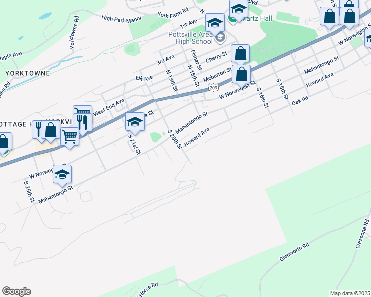 map of restaurants, bars, coffee shops, grocery stores, and more near 1971 Howard Avenue in Pottsville