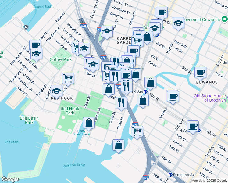 map of restaurants, bars, coffee shops, grocery stores, and more near 154 Centre Street in Brooklyn