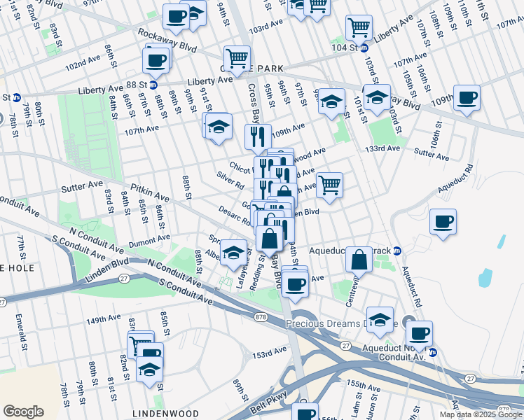 map of restaurants, bars, coffee shops, grocery stores, and more near 91-43 Gold Road in Queens