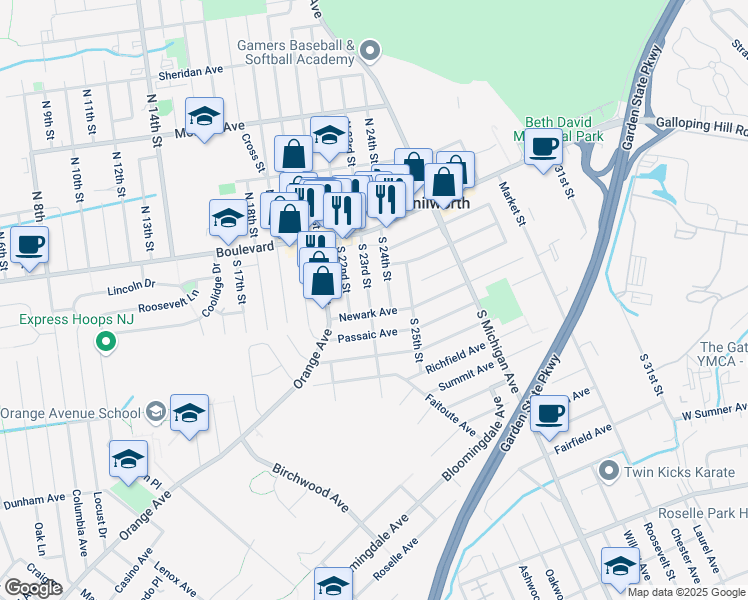 map of restaurants, bars, coffee shops, grocery stores, and more near 60 South 23rd Street in Kenilworth