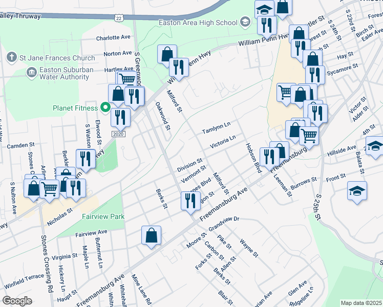 map of restaurants, bars, coffee shops, grocery stores, and more near 3735 Nazareth Road in Easton