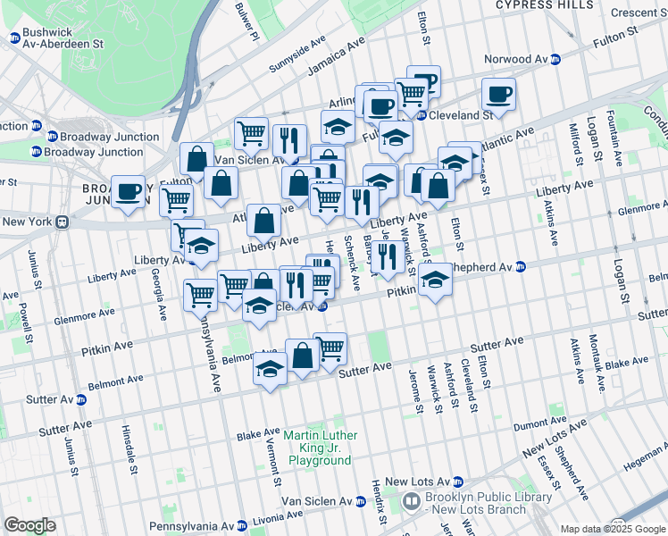 map of restaurants, bars, coffee shops, grocery stores, and more near Glenmore Avenue & Hendrix Street in Brooklyn