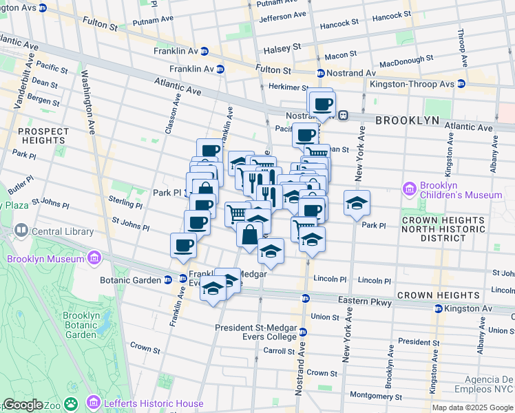 map of restaurants, bars, coffee shops, grocery stores, and more near 78A Rogers Avenue in Brooklyn