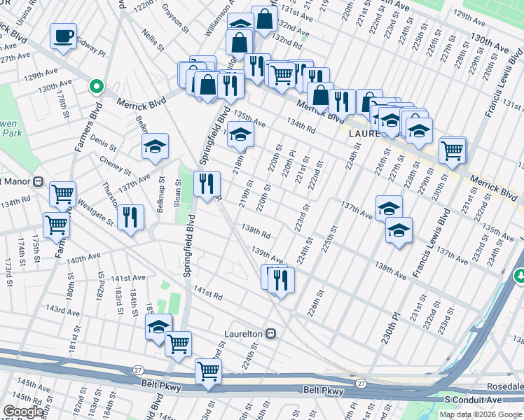 map of restaurants, bars, coffee shops, grocery stores, and more near 220-03 138th Avenue in Queens
