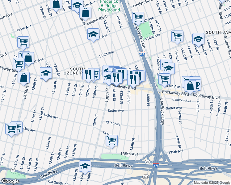 map of restaurants, bars, coffee shops, grocery stores, and more near 120-26 131st Street in Queens