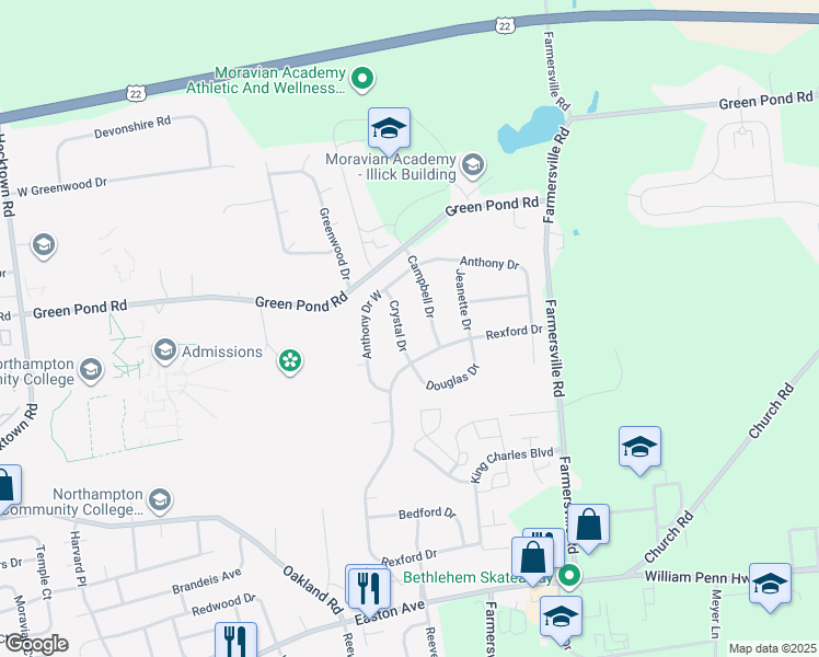 map of restaurants, bars, coffee shops, grocery stores, and more near 4220 Crystal Dr in Bethlehem
