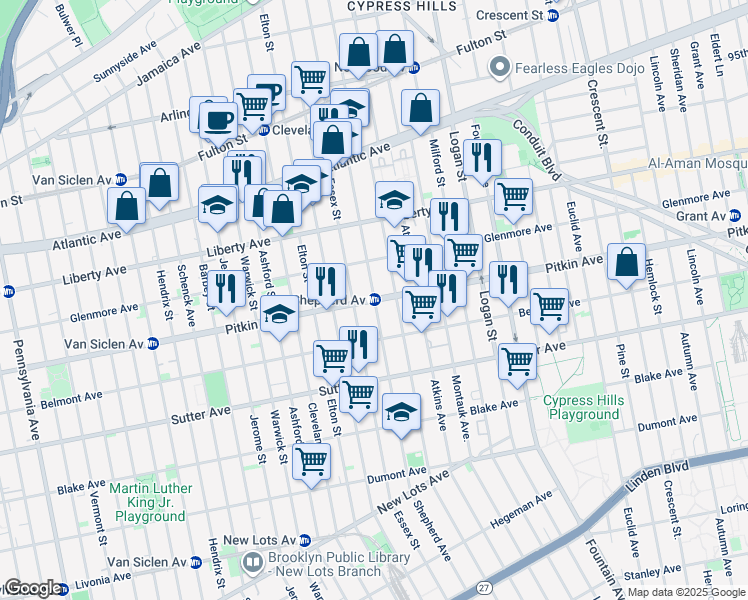 map of restaurants, bars, coffee shops, grocery stores, and more near Shepherd Ave & Pitkin Ave in Brooklyn