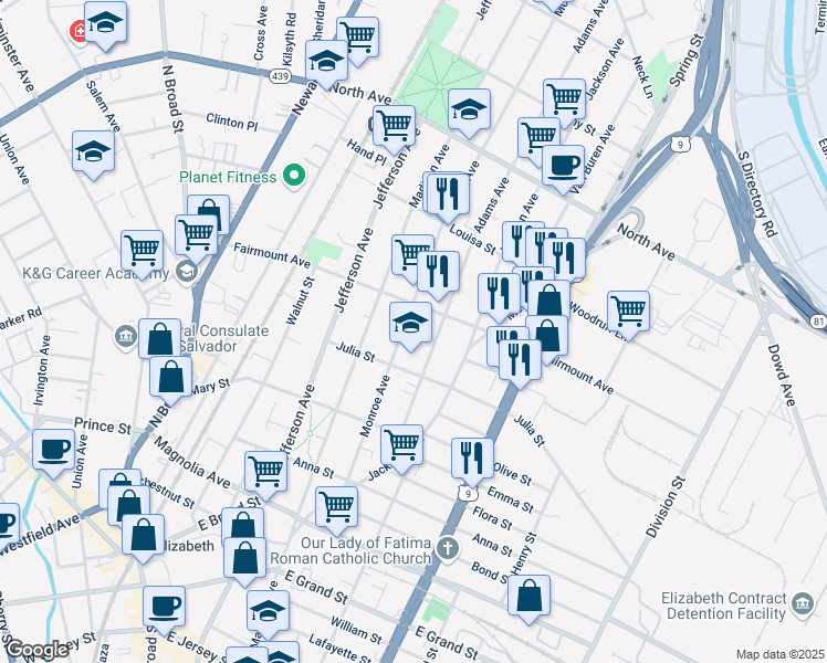 map of restaurants, bars, coffee shops, grocery stores, and more near 577 Monroe Avenue in Elizabeth