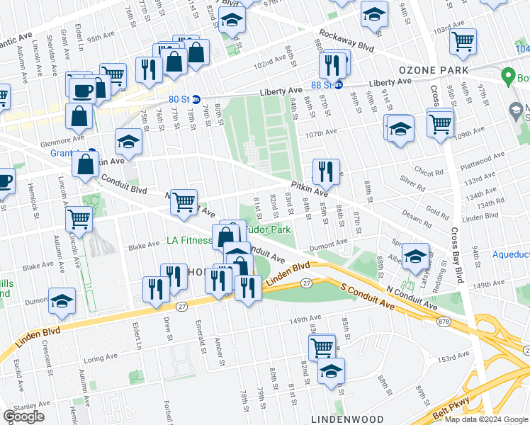 map of restaurants, bars, coffee shops, grocery stores, and more near 132-35 81st Street in Queens