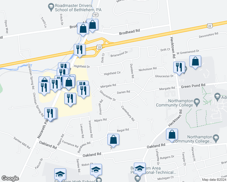 map of restaurants, bars, coffee shops, grocery stores, and more near 3225 Darien Road in Bethlehem